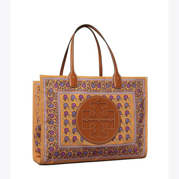 Tory Burch Ella Printed Tote Bag Large Brown Floral Daisy Border + TB Gift Bag - Picture 7 of 13